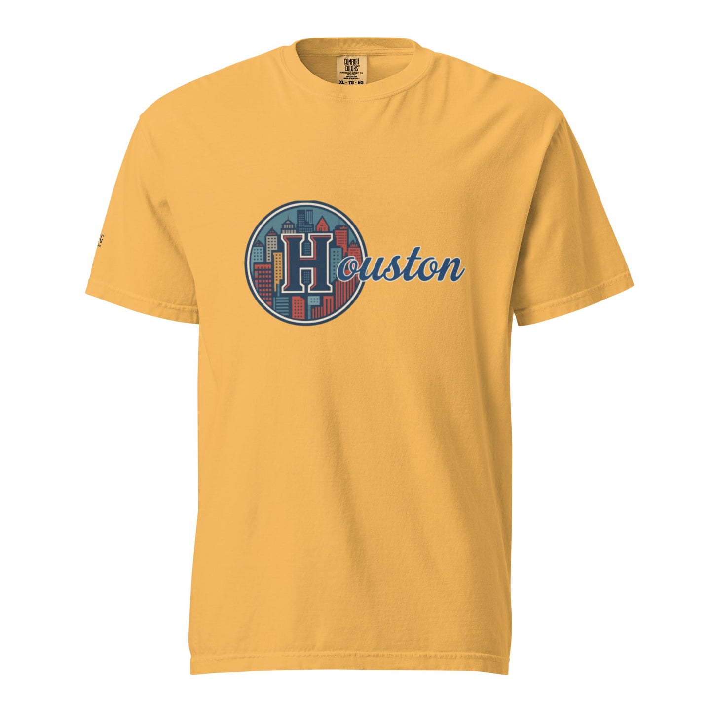Houston-Unisex garment-dyed heavyweight yellow t-shirt with Houston city graphic and soft breathable cotton fabric