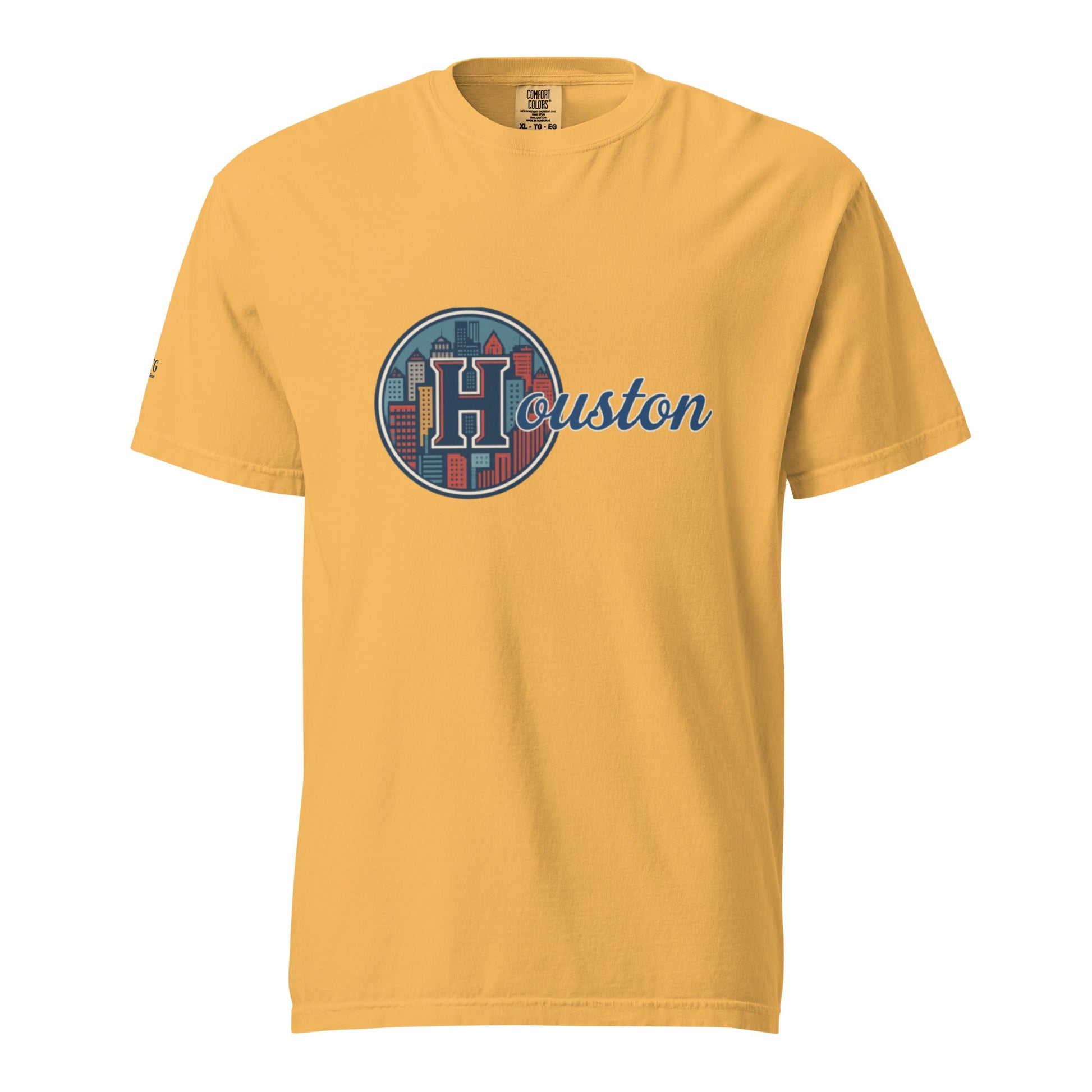 Houston-Unisex garment-dyed heavyweight yellow t-shirt with Houston city graphic and soft breathable cotton fabric