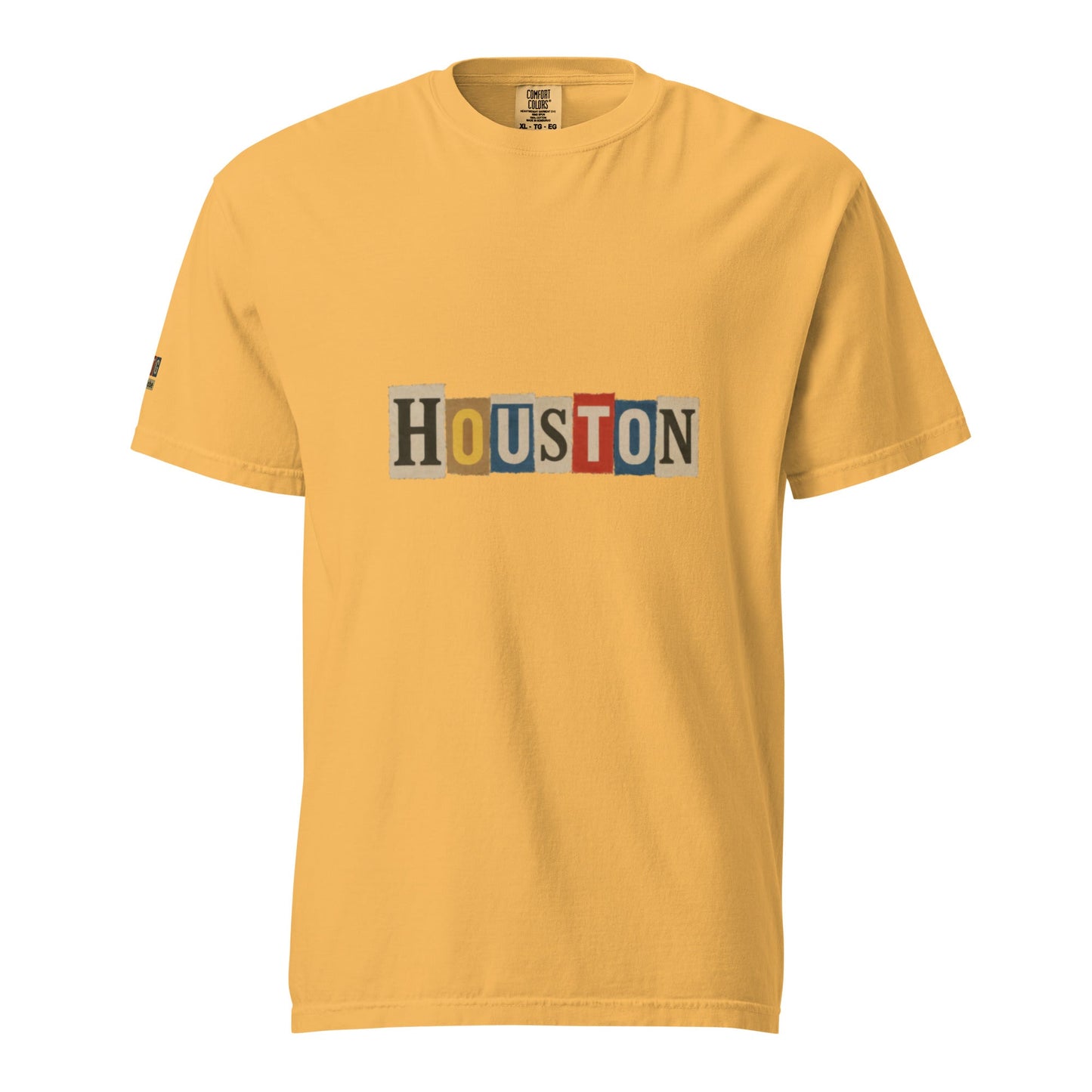 Houston-Unisex garment-dyed heavyweight yellow t-shirt with multicolor Houston text print, 100% cotton, relaxed fit