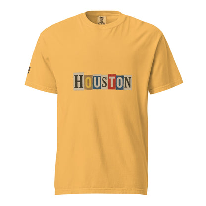 Houston-Unisex garment-dyed heavyweight yellow t-shirt with multicolor Houston text print, 100% cotton, relaxed fit