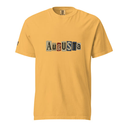 Augusta-Unisex garment-dyed heavyweight yellow t-shirt with graphic logo, 100% ring-spun cotton, relaxed fit, durable stitching