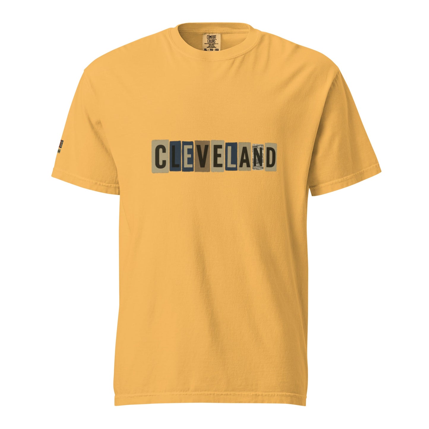 Cleveland-Unisex garment-dyed heavyweight mustard t-shirt with block letter design on front, 100% ring-spun cotton, relaxed fit.