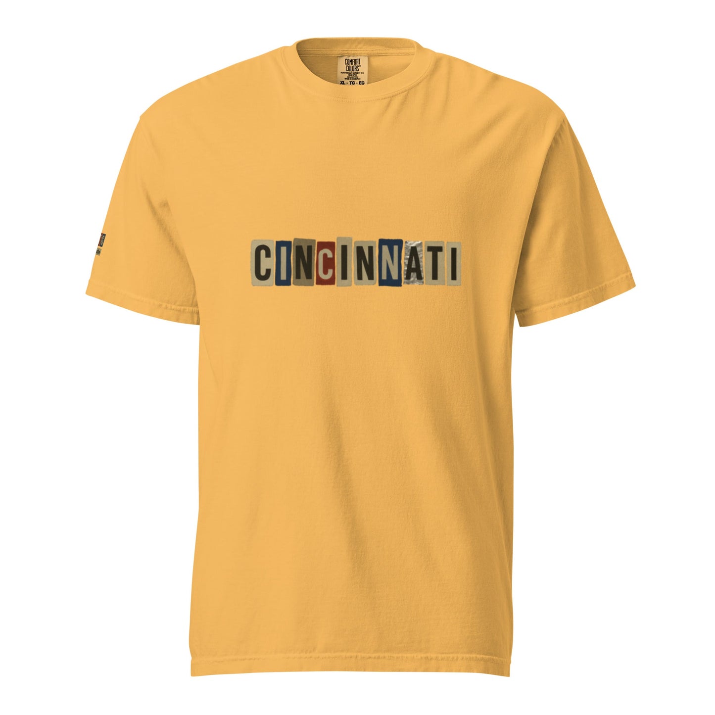 Cincinnati-Unisex garment-dyed heavyweight t-shirt in yellow with block letter design, made of 100% ring-spun cotton, breathable and durable.