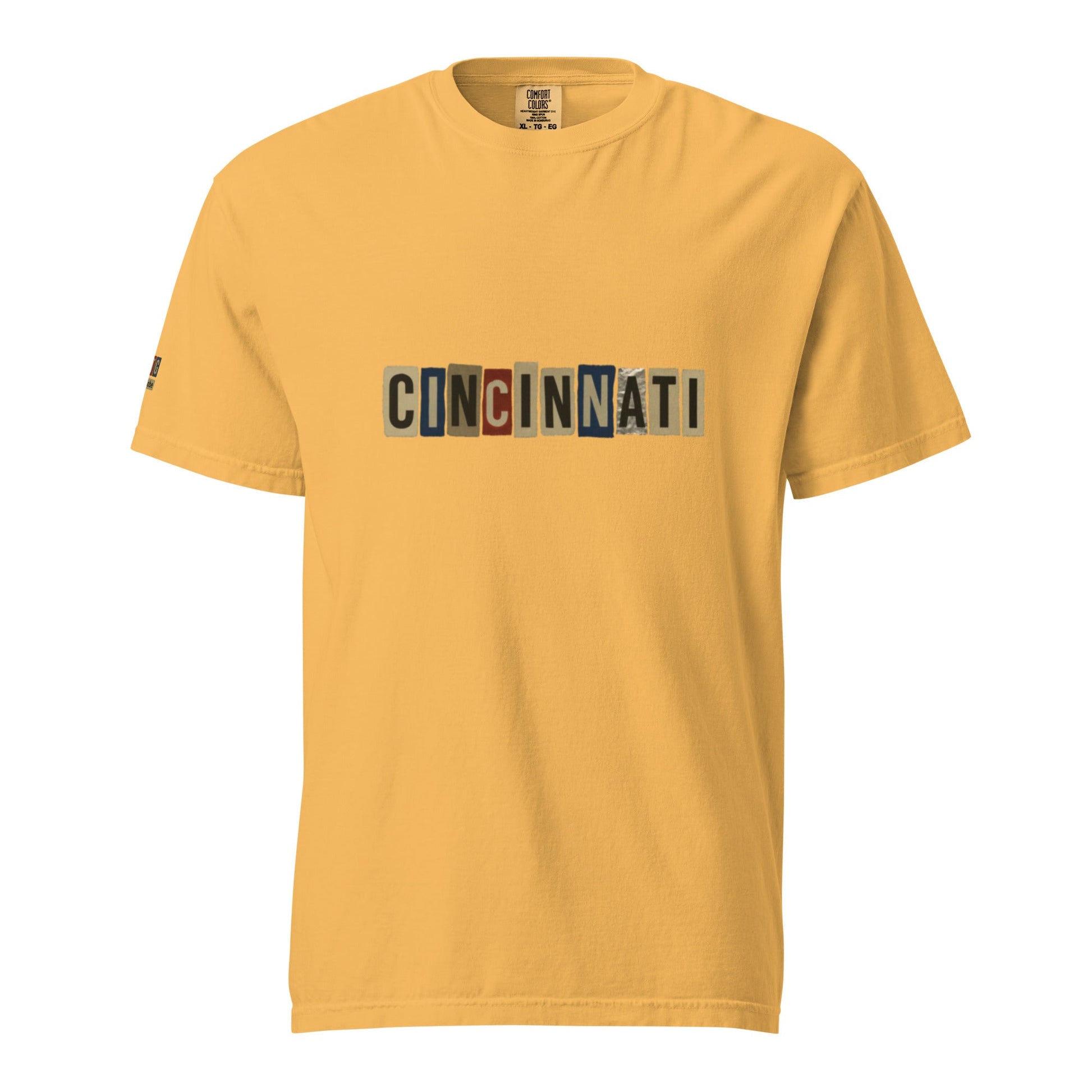 Cincinnati-Unisex garment-dyed heavyweight t-shirt in yellow with block letter design, made of 100% ring-spun cotton, breathable and durable.