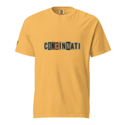 Cincinnati-Unisex garment-dyed heavyweight t-shirt in yellow with block letter design, made of 100% ring-spun cotton, breathable and durable.