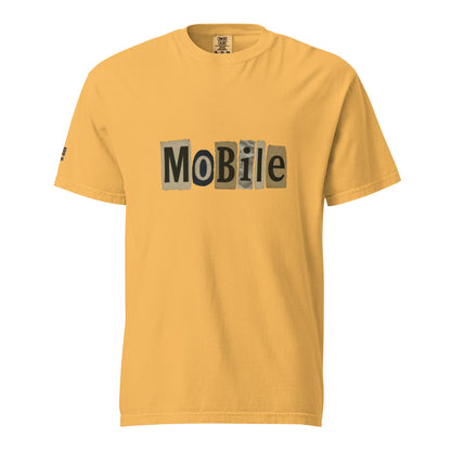 Mobile-Unisex garment-dyed heavyweight t-shirt in yellow with printed MoBiLe logo, 100% ring-spun cotton, relaxed fit, durable double-needle stitching