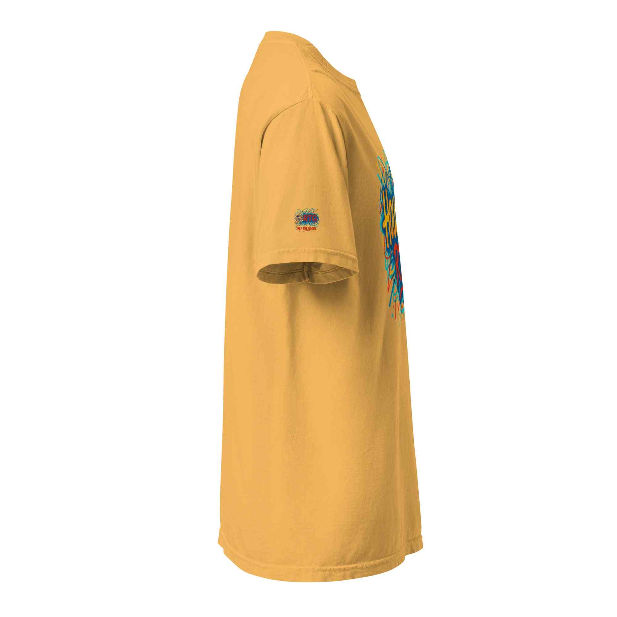 Houston-Unisex garment-dyed heavyweight yellow t-shirt side view with graphic print and durable stitching