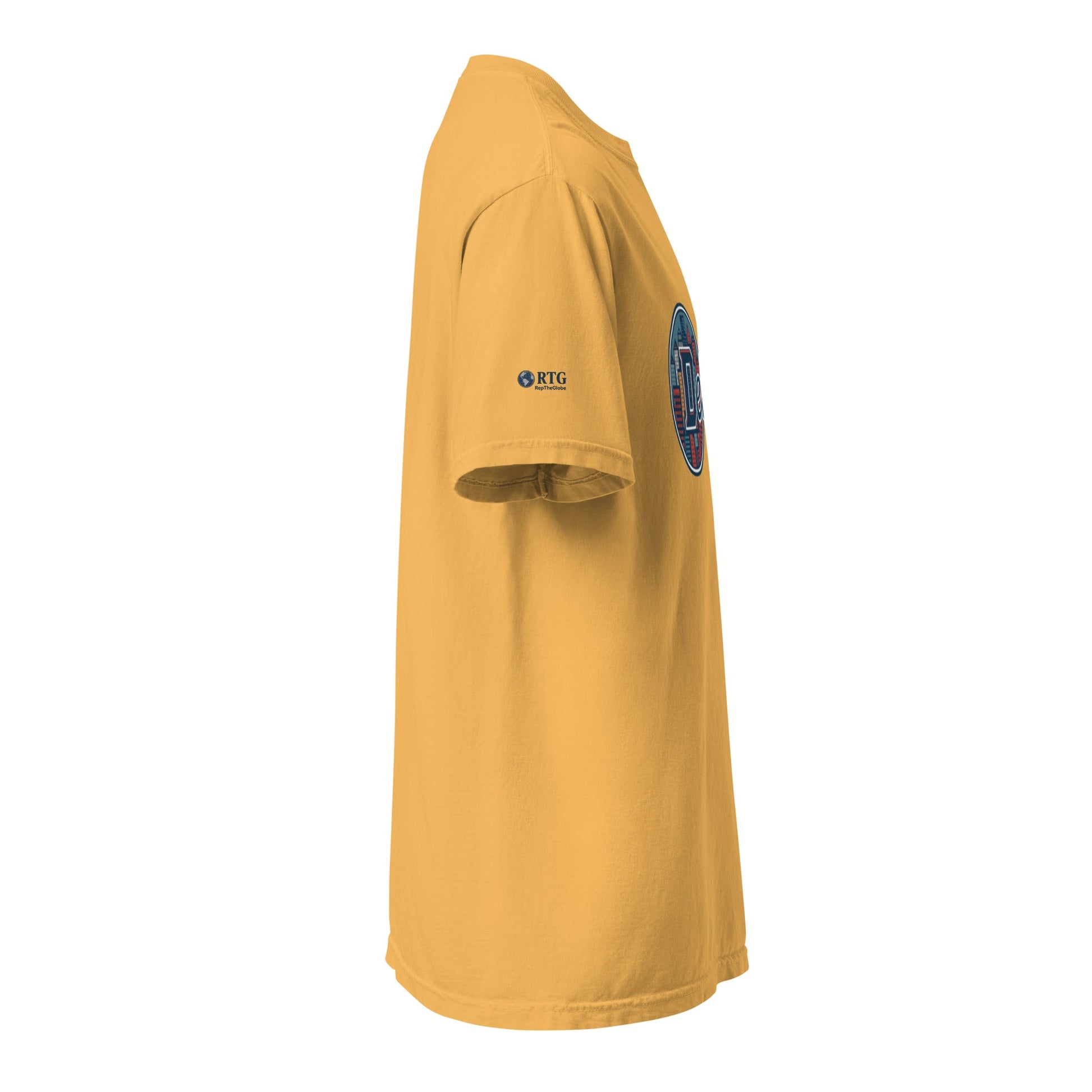 Side view of mustard yellow Detroit-Unisex garment-dyed heavyweight t-shirt made of 100% ring-spun cotton with relaxed fit and durable double-needle stitching