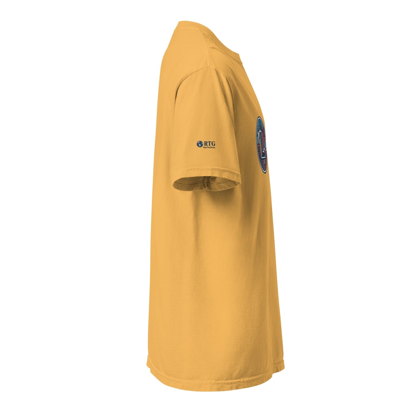 Lexington-Unisex garment-dyed heavyweight yellow t-shirt side view with printed design on chest and RTG logo on sleeve