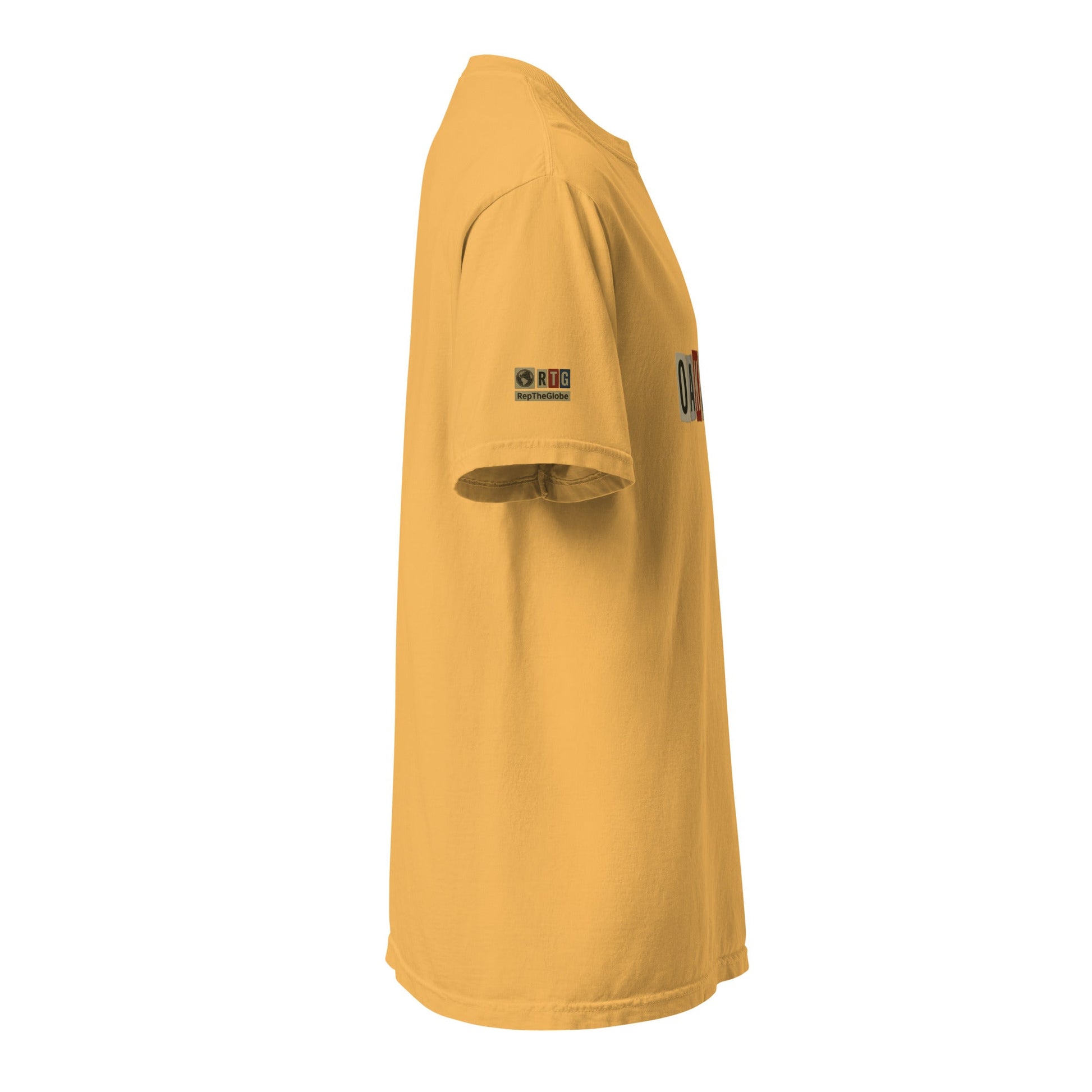 Oakland-Unisex garment-dyed heavyweight t-shirt in mustard yellow, side view, made of 100% ring-spun cotton with relaxed fit and durable double-needle stitching.