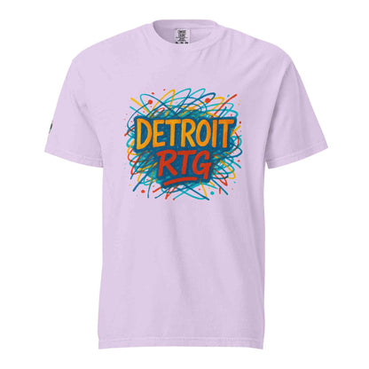 Detroit-Unisex garment-dyed heavyweight t-shirt in light purple with colorful Detroit RTG graphic, made of 100% ring-spun cotton, breathable and durable design.