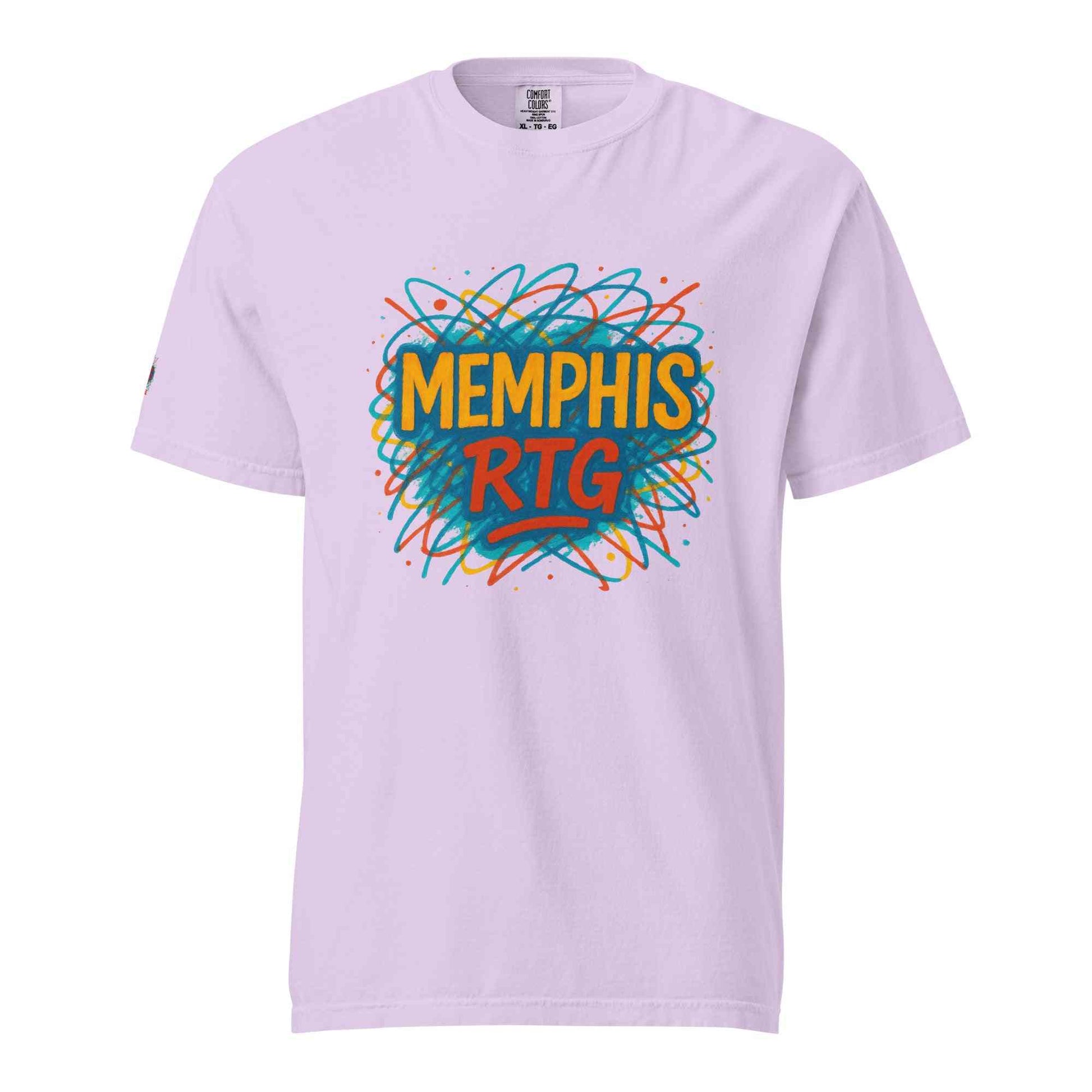 Unisex garment-dyed heavyweight lavender t-shirt with Memphis RTG colorful graphic print, 100% ring-spun cotton, relaxed fit