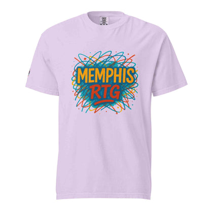 Unisex garment-dyed heavyweight lavender t-shirt with Memphis RTG colorful graphic print, 100% ring-spun cotton, relaxed fit