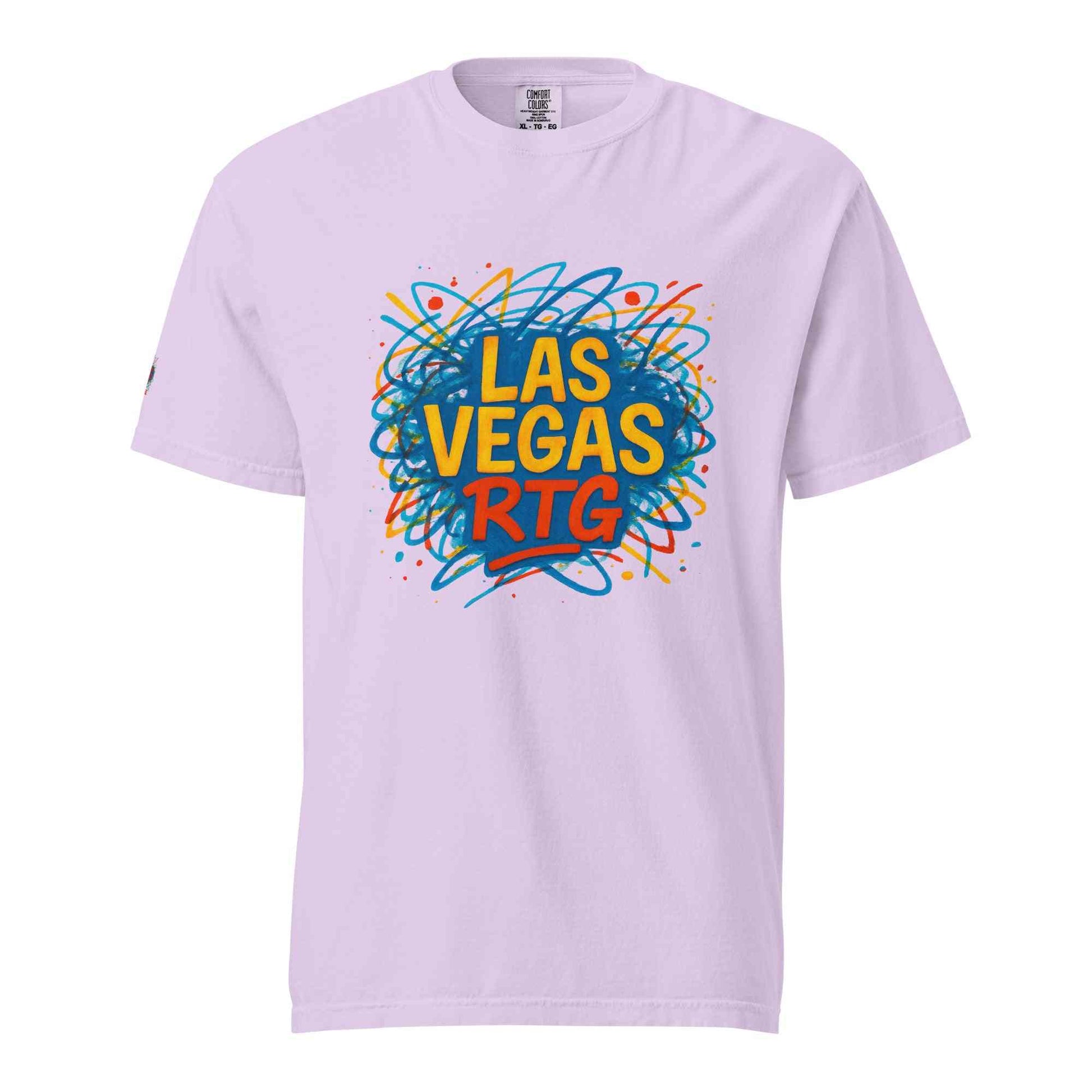 Los Vegas-Unisex garment-dyed heavyweight t-shirt in lavender with colorful graphic print, 100% ring-spun cotton, breathable and durable design