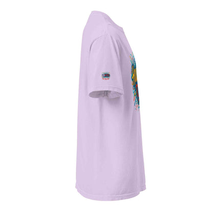 Side view of Houston-Unisex garment-dyed heavyweight t-shirt in light purple with colorful front graphic and sleeve logo patch