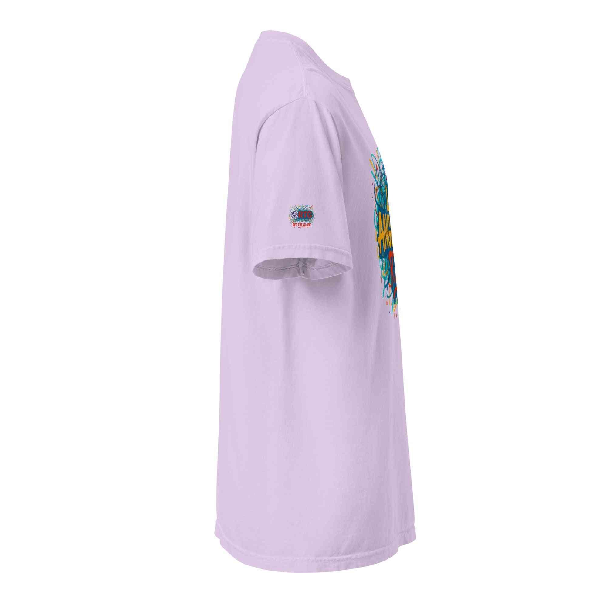 Los Angeles-Unisex garment-dyed heavyweight lavender t-shirt side view with graphic print and double-needle stitched collar and hems
