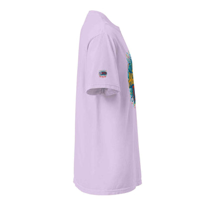 Los Angeles-Unisex garment-dyed heavyweight lavender t-shirt side view with graphic print and double-needle stitched collar and hems