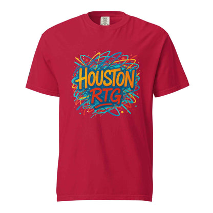 Houston-Unisex garment-dyed heavyweight red t-shirt with colorful Houston RTG graphic, 100% ring-spun cotton, relaxed fit
