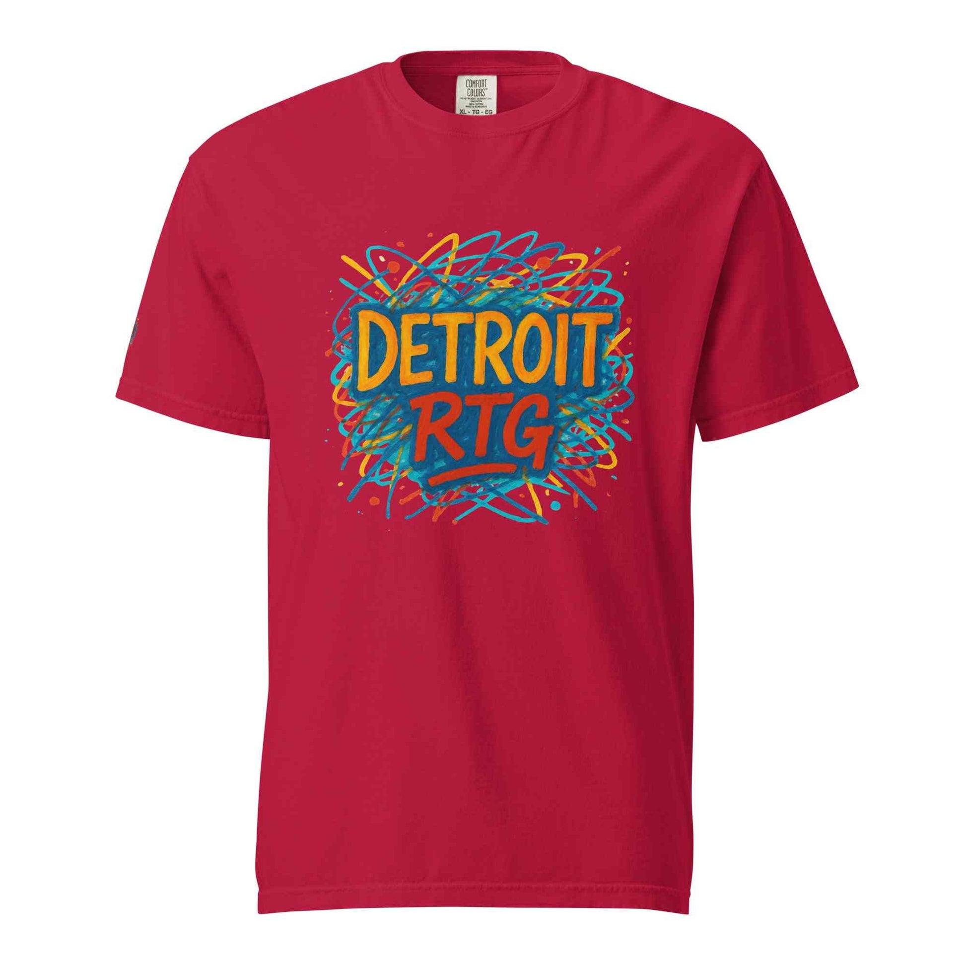 Detroit-Unisex garment-dyed heavyweight red t-shirt with colorful Detroit RTG graphic design