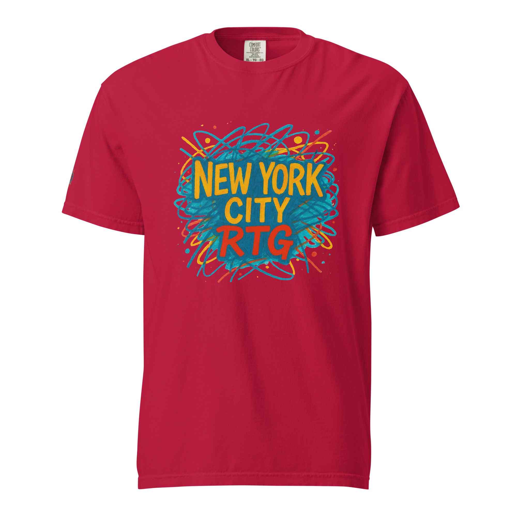 New York City-Unisex garment-dyed heavyweight t-shirt in red with colorful graphic design