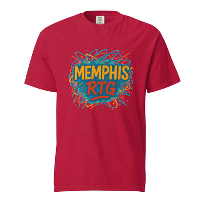 Red unisex garment-dyed heavyweight t-shirt with Memphis RTG colorful graphic design