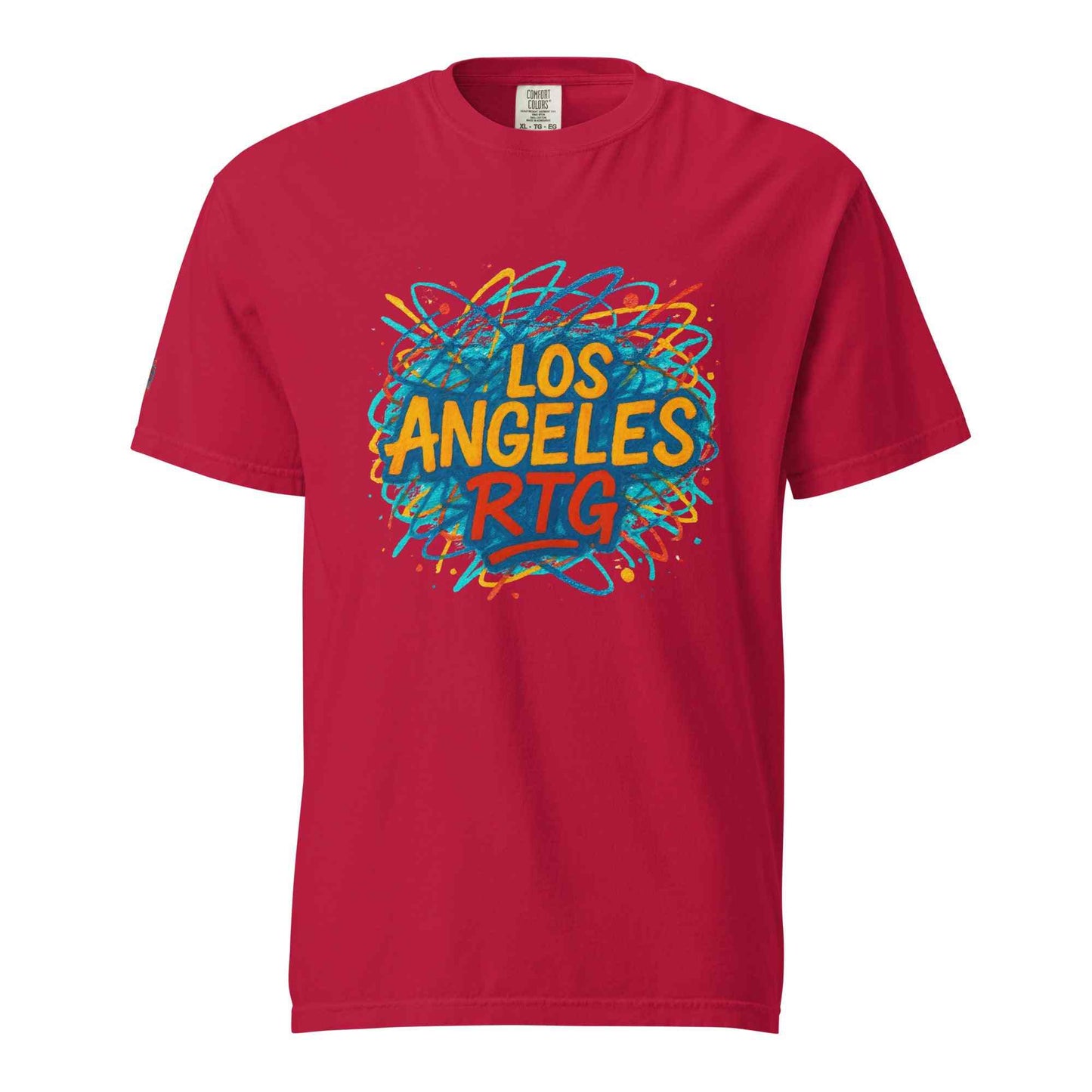Los Angeles-Unisex garment-dyed heavyweight red t-shirt with colorful graphic print and relaxed fit