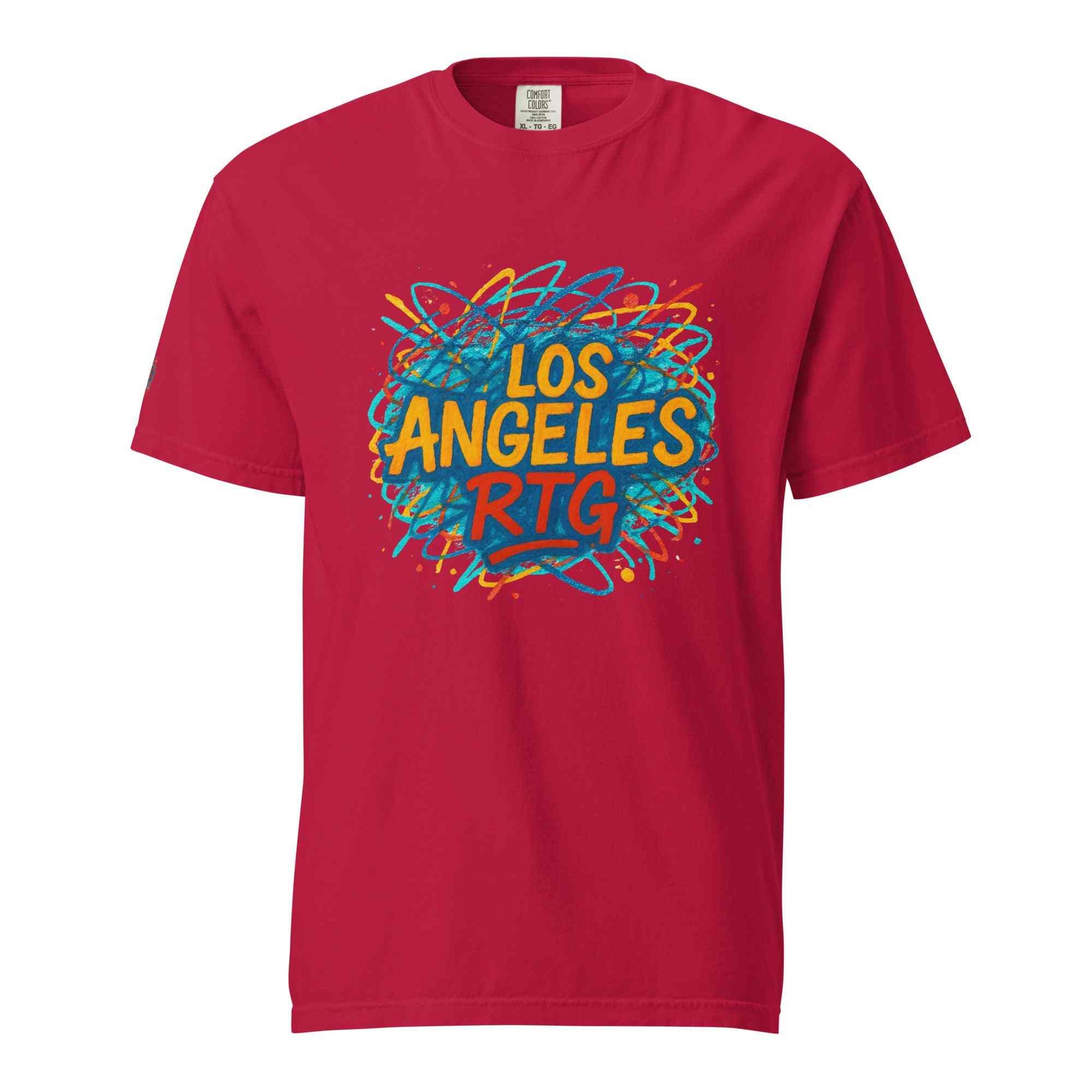 Los Angeles-Unisex garment-dyed heavyweight red t-shirt with colorful graphic print and relaxed fit