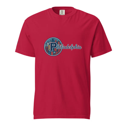 Red Philidelphia-Unisex garment-dyed heavyweight t-shirt with city skyline graphic and text logo