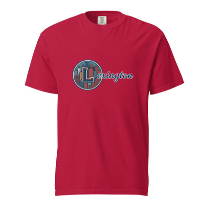 Lexington-Unisex red garment-dyed heavyweight t-shirt with cityscape logo, 100% ring-spun cotton, relaxed fit