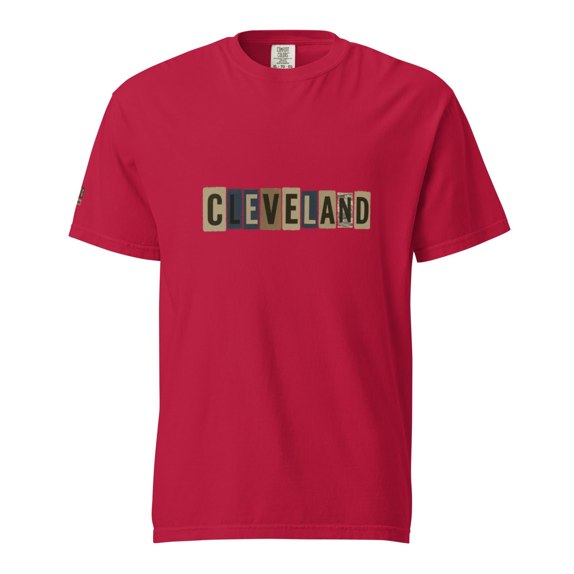 Cleveland-Unisex garment-dyed heavyweight red t-shirt with block lettering and 100% cotton fabric