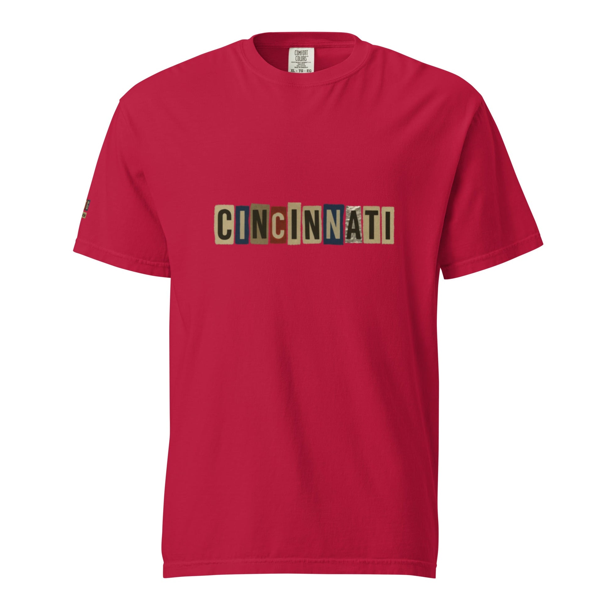 Cincinnati-Unisex garment-dyed heavyweight red t-shirt with block letter design, 100% cotton, relaxed fit, durable stitching