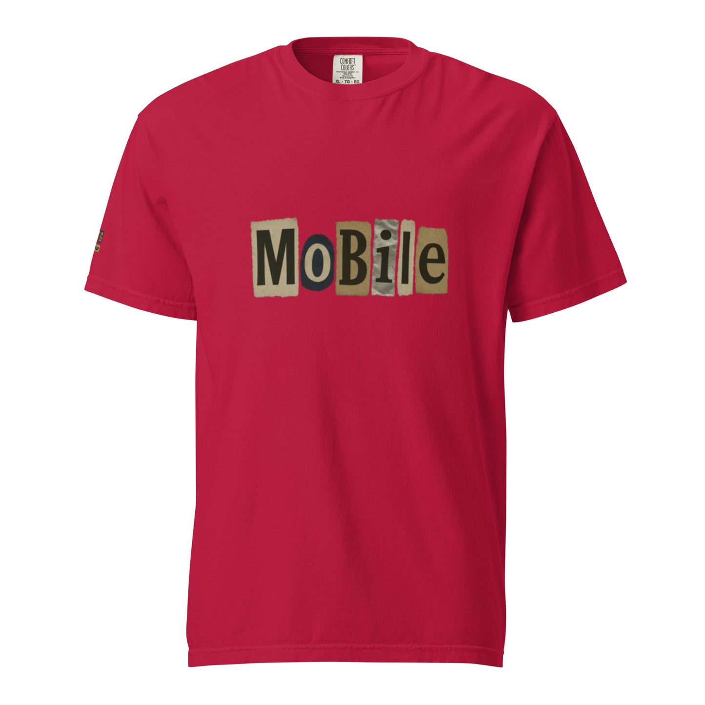 Red Mobile-Unisex garment-dyed heavyweight t-shirt with graphic text, made of 100% ring-spun cotton, relaxed fit, durable double-needle stitching.