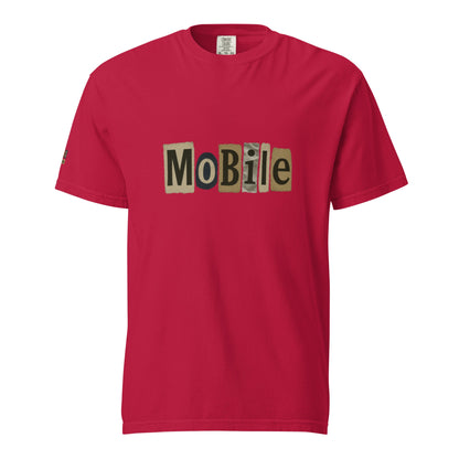 Red Mobile-Unisex garment-dyed heavyweight t-shirt with graphic text, made of 100% ring-spun cotton, relaxed fit, durable double-needle stitching.