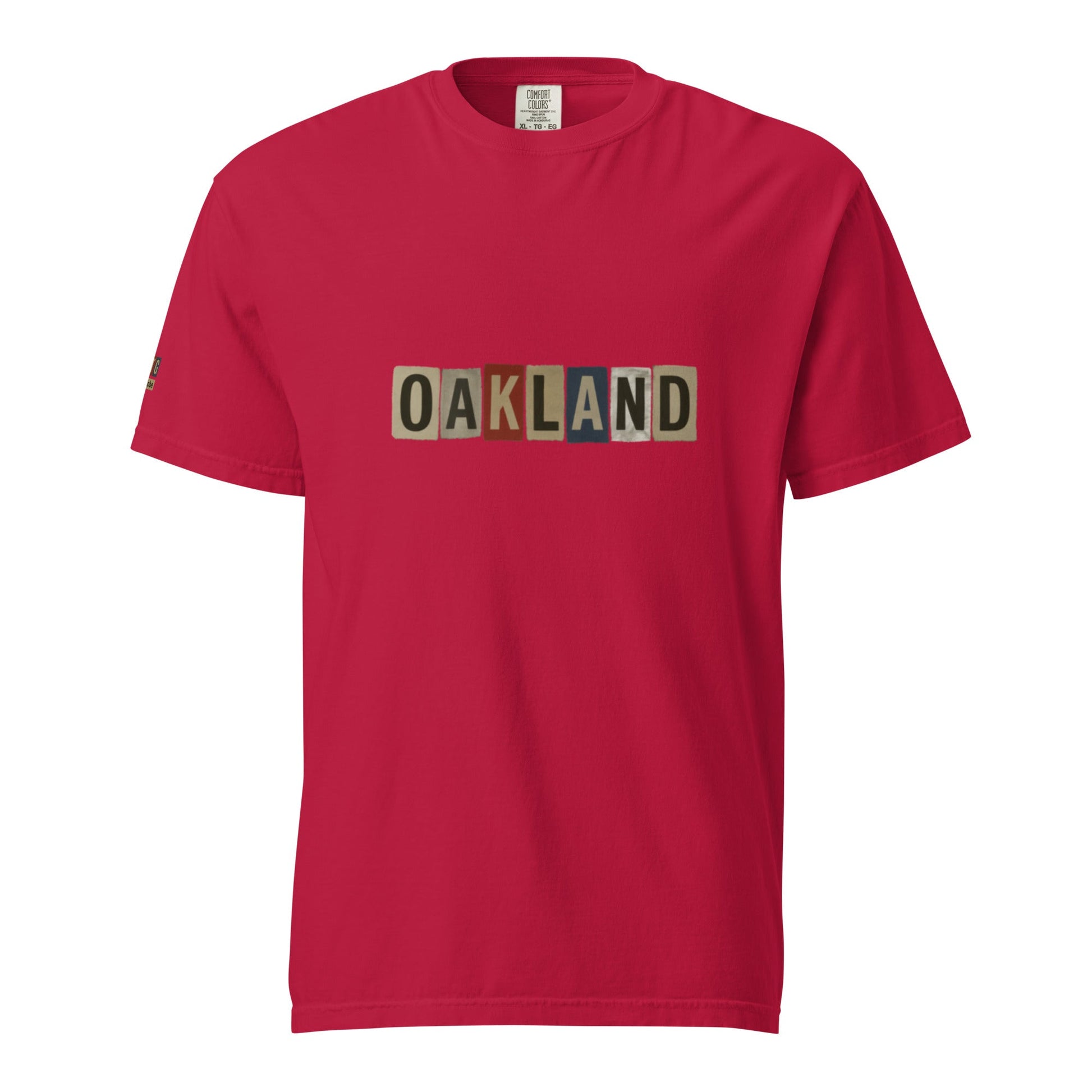 Oakland-Unisex garment-dyed heavyweight red t-shirt with block letter print and relaxed fit