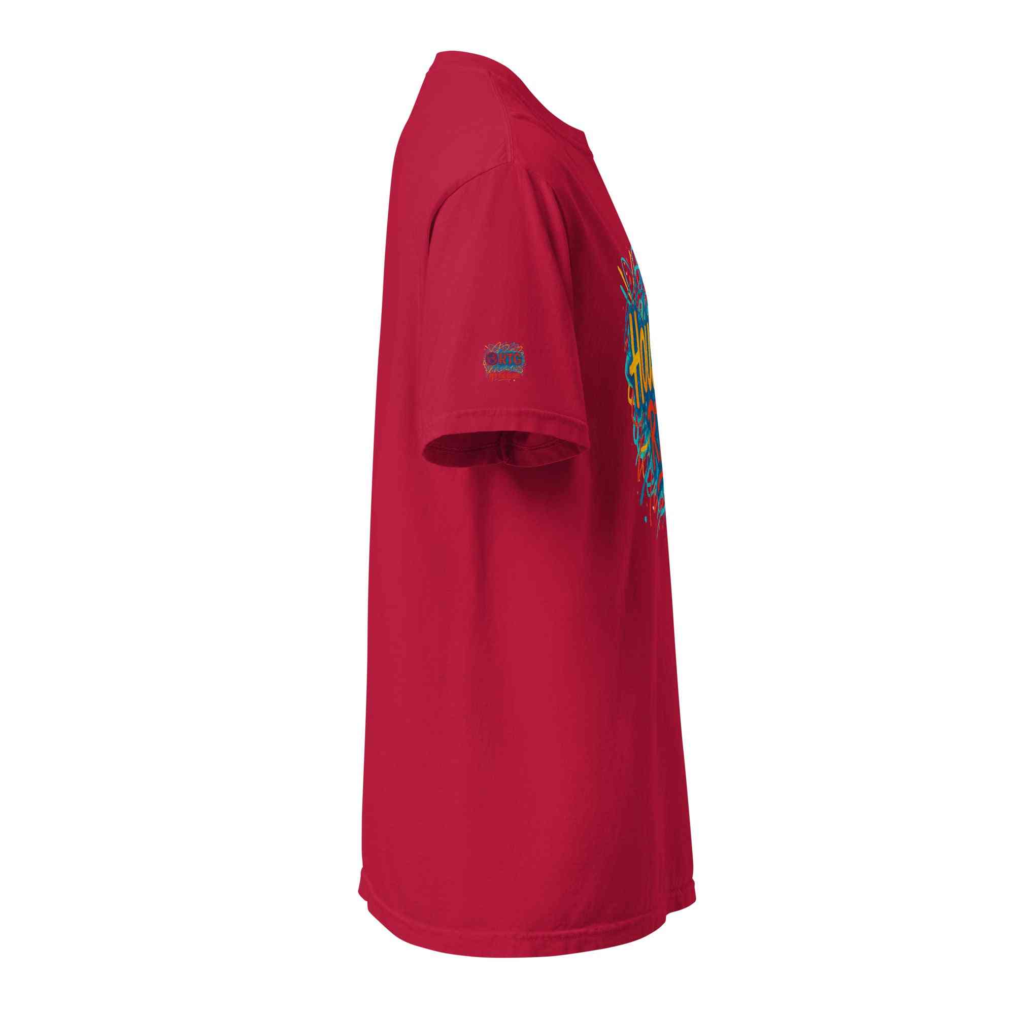 Houston-Unisex garment-dyed heavyweight red t-shirt side view with short sleeves and crew neck