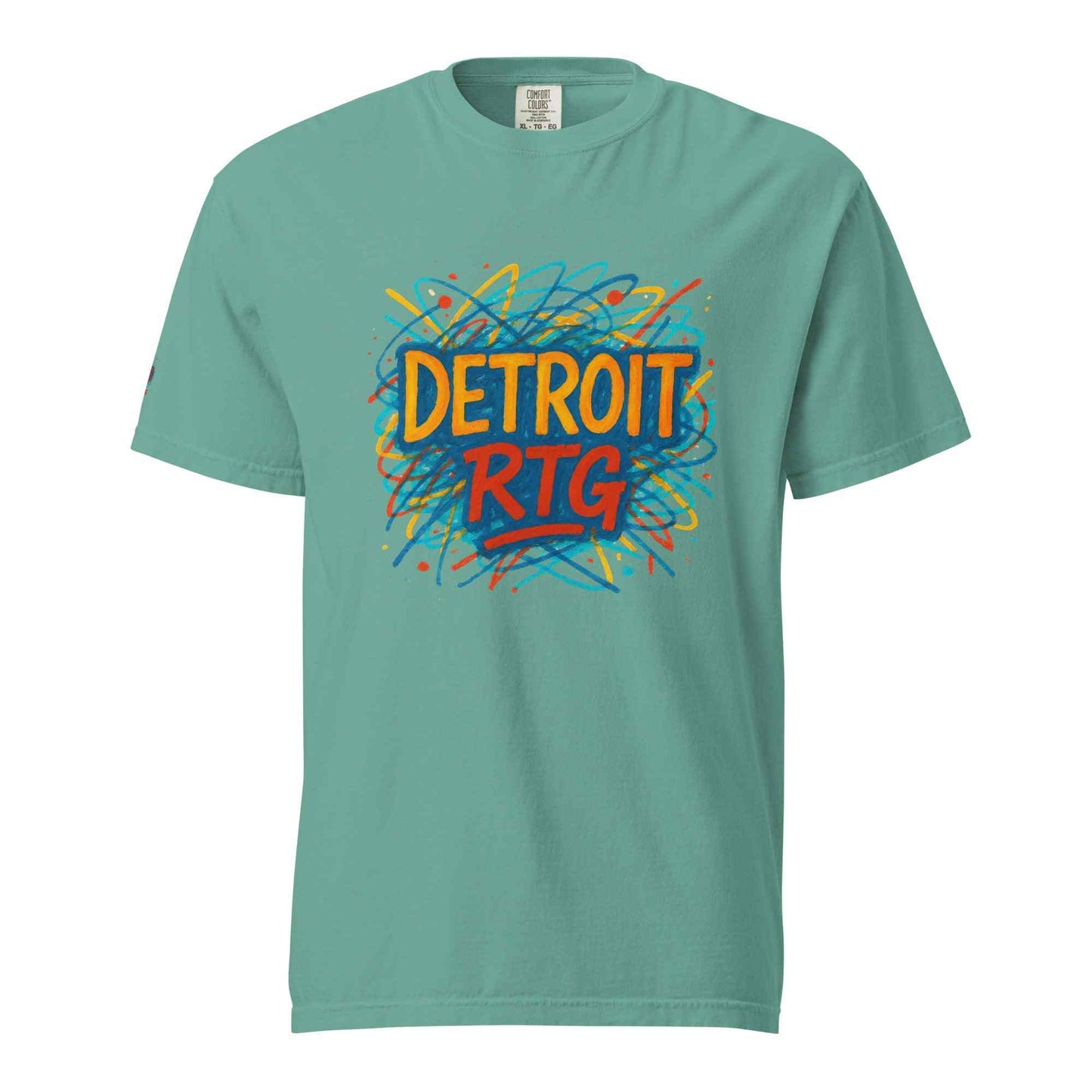 Detroit-Unisex garment-dyed heavyweight t-shirt in teal with colorful Detroit RTG graphic print, 100% ring-spun cotton, breathable and soft