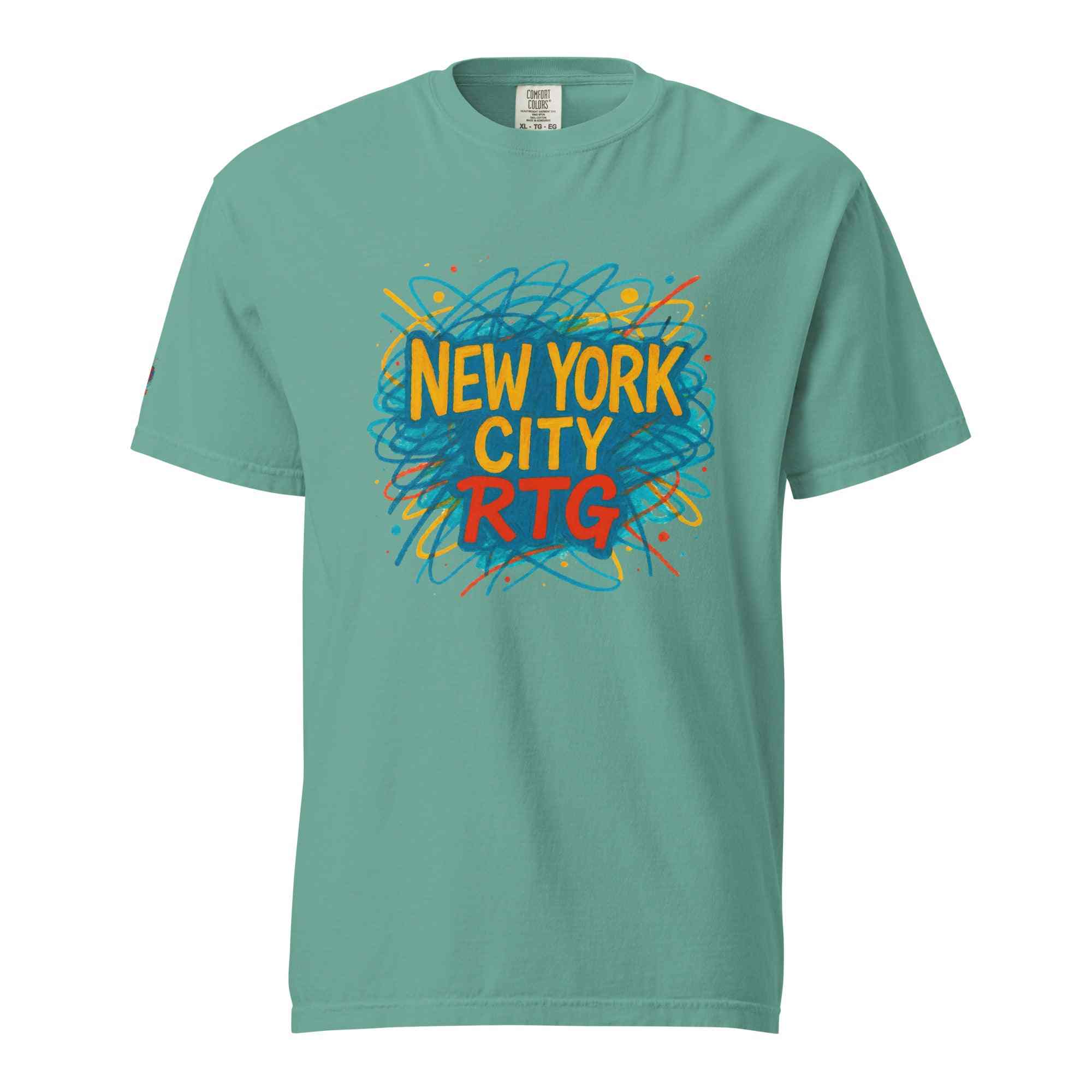 New York City-Unisex garment-dyed heavyweight t-shirt in teal with colorful graphic text design