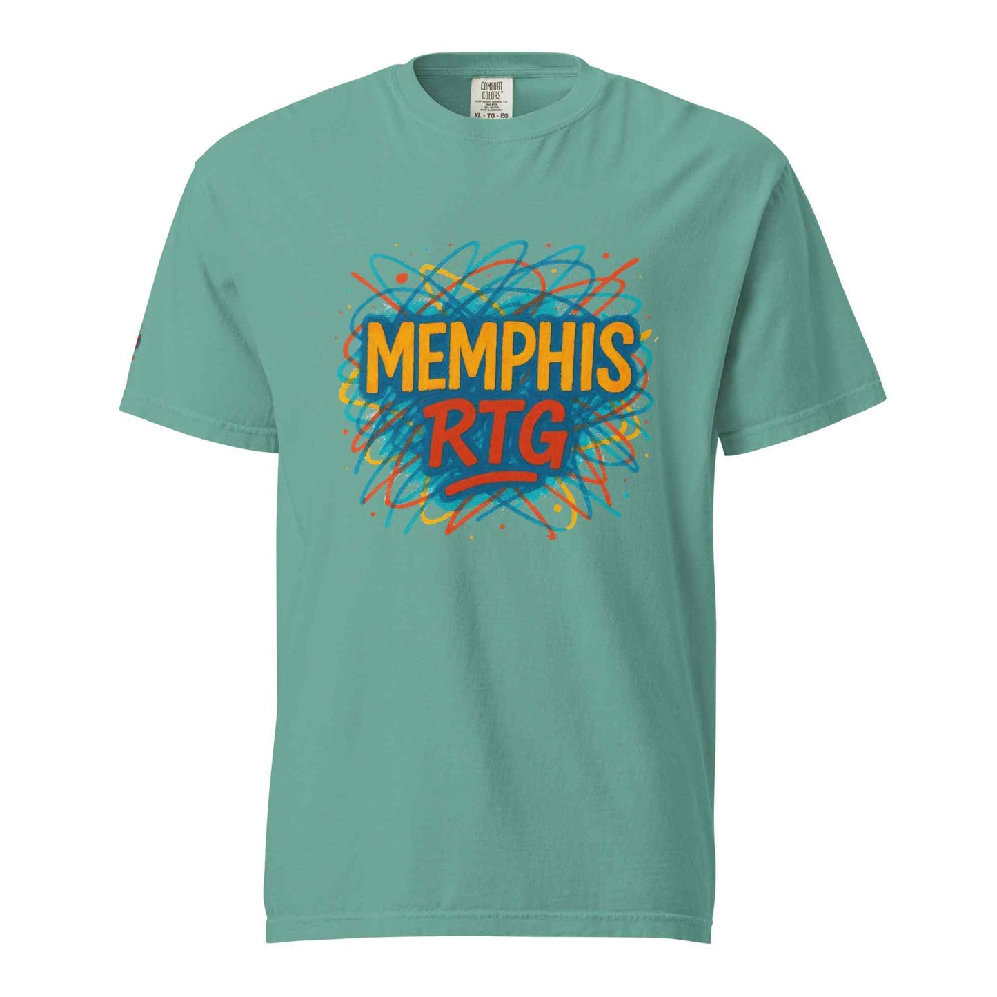 unisex garment-dyed heavyweight t-shirt in teal with colorful Memphis RTG graphic print, 100% ring-spun cotton, relaxed fit