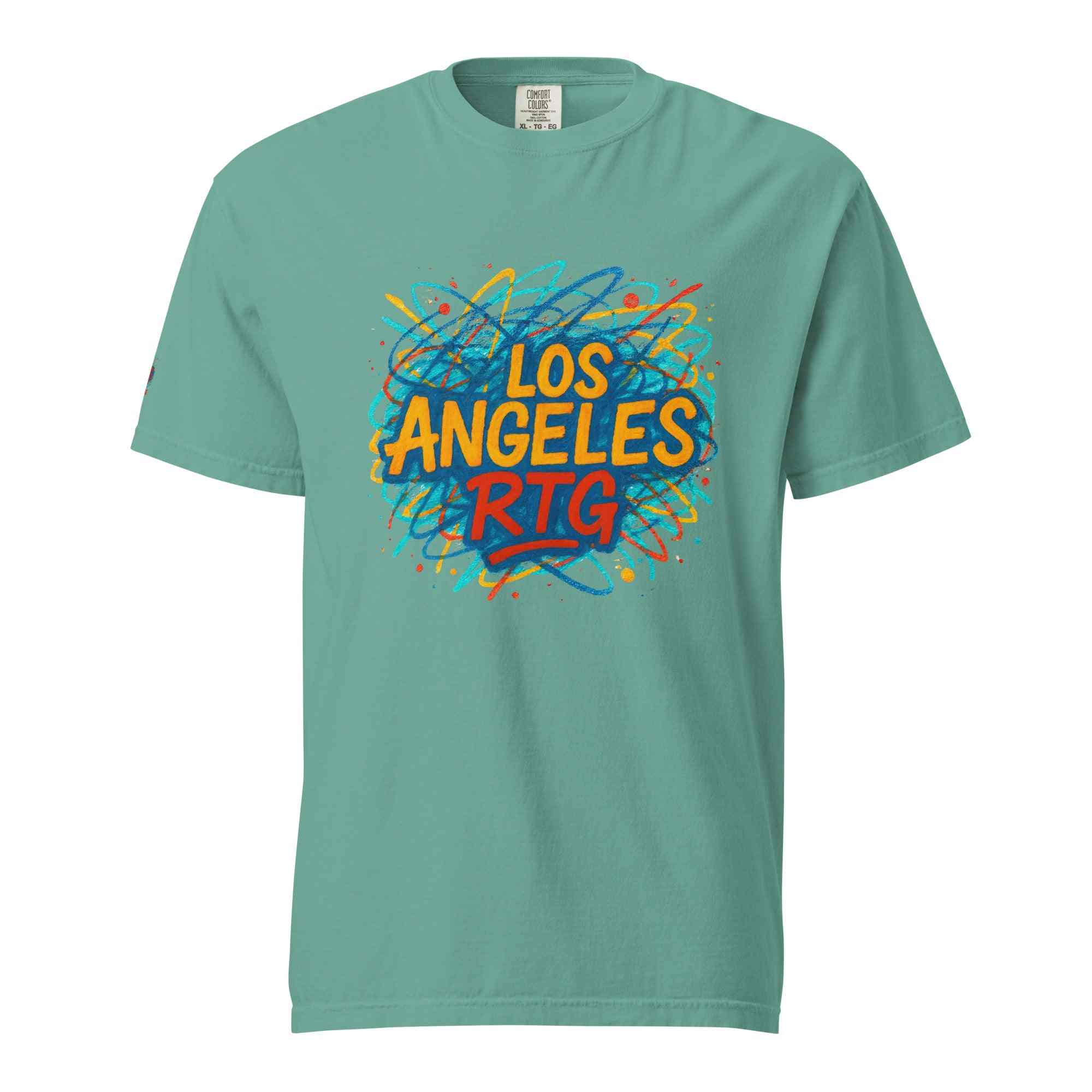 Los Angeles-Unisex garment-dyed heavyweight t-shirt in teal with colorful graphic text design