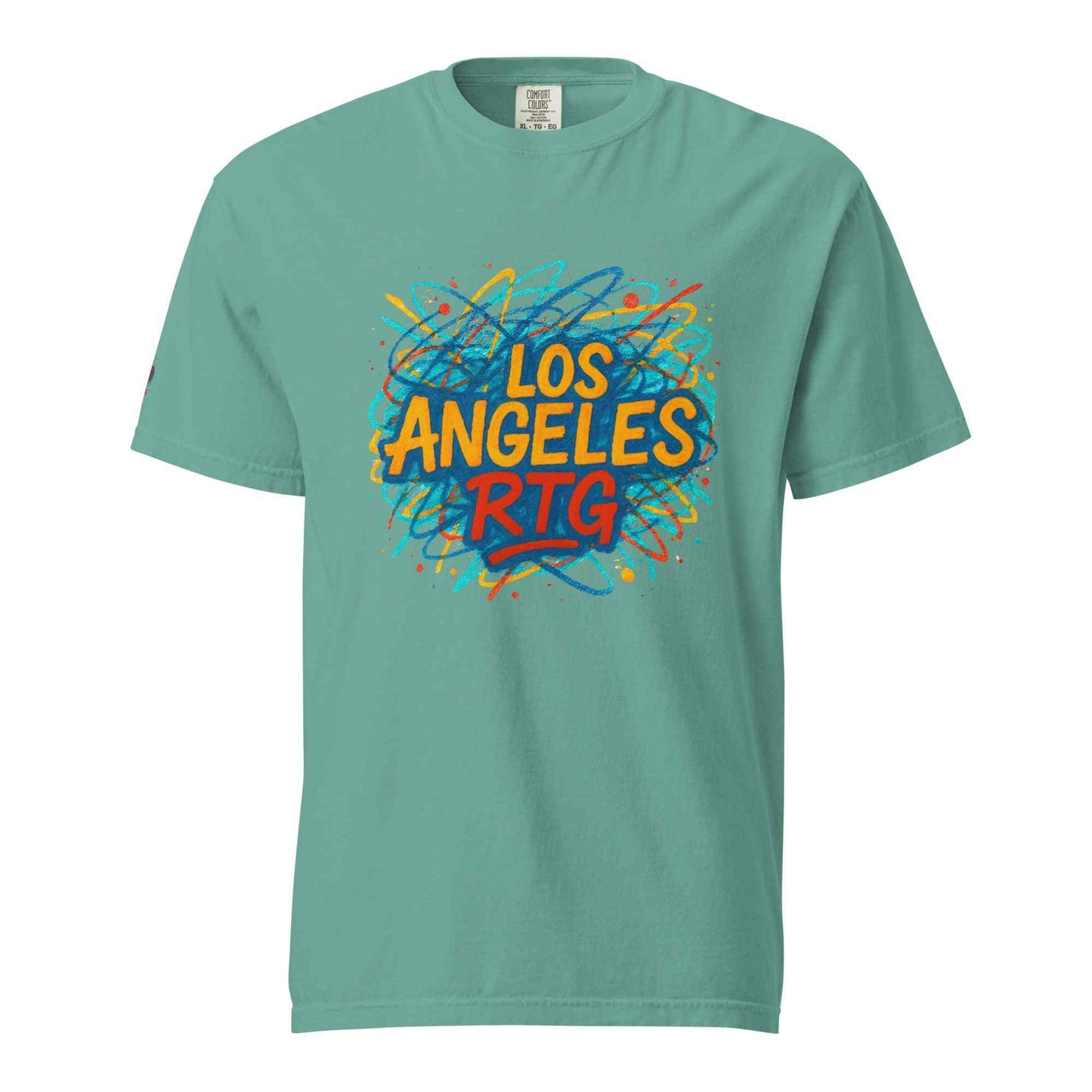 Los Angeles-Unisex garment-dyed heavyweight t-shirt in teal with colorful graphic text design