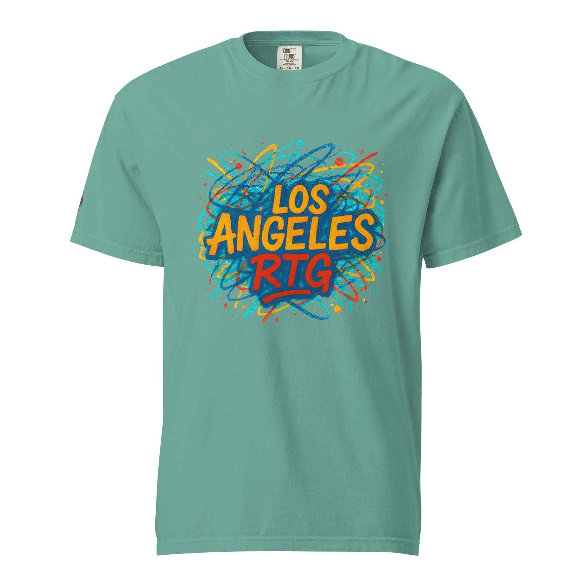 Los Angeles-Unisex garment-dyed heavyweight t-shirt in teal with colorful graphic text design