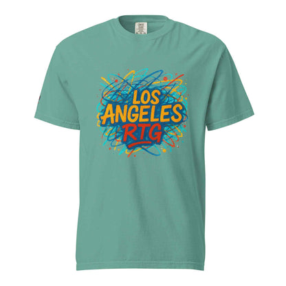 Los Angeles-Unisex garment-dyed heavyweight t-shirt in teal with colorful graphic text design