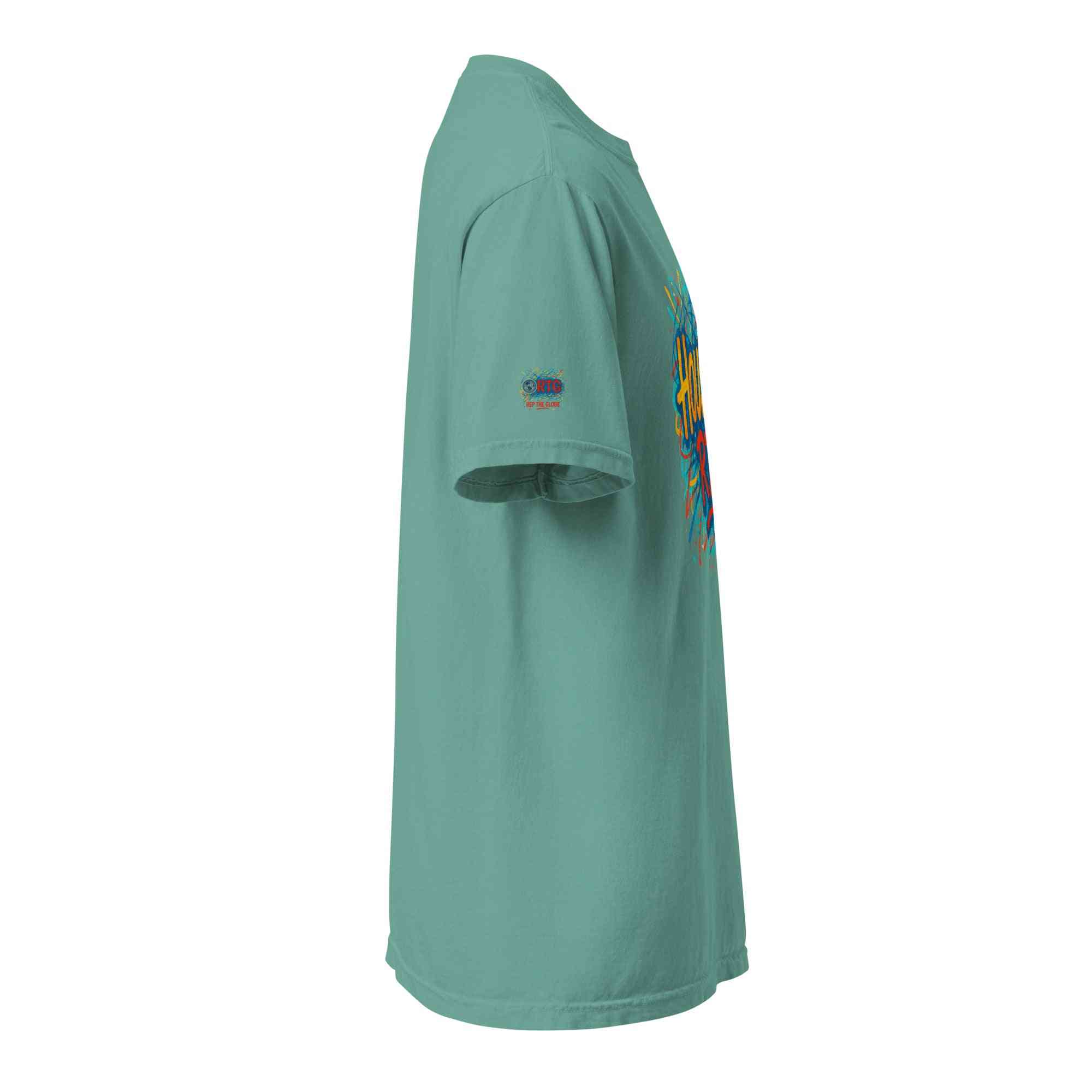 Houston-Unisex garment-dyed heavyweight unisex t-shirt side view in teal color