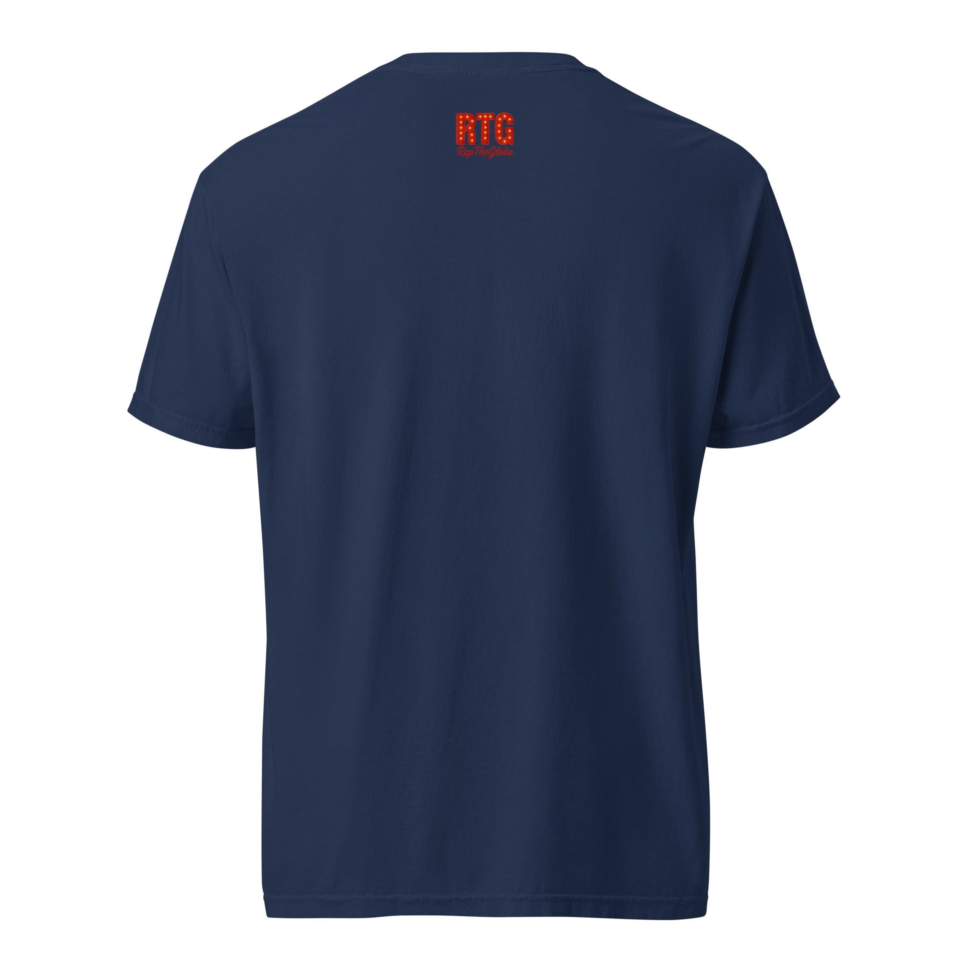 Back view of navy Atlanta-Unisex garment-dyed heavyweight t-shirt with red RTG logo