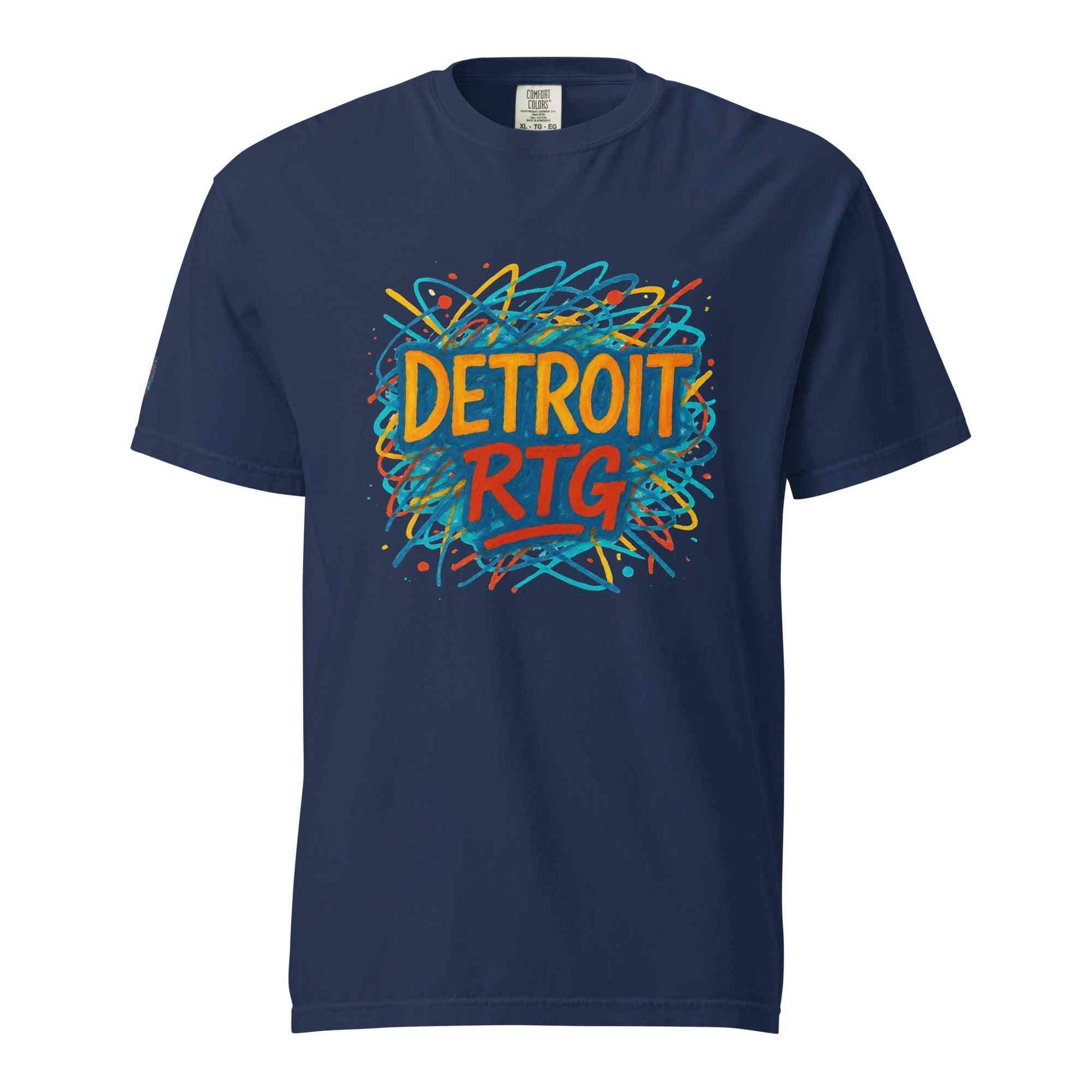 Detroit-Unisex garment-dyed heavyweight navy blue t-shirt with colorful Detroit RTG graphic design