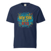 New York City-Unisex heavyweight navy blue t-shirt with colorful graphic design, made of 100% ring-spun cotton, relaxed fit, breathable and durable.