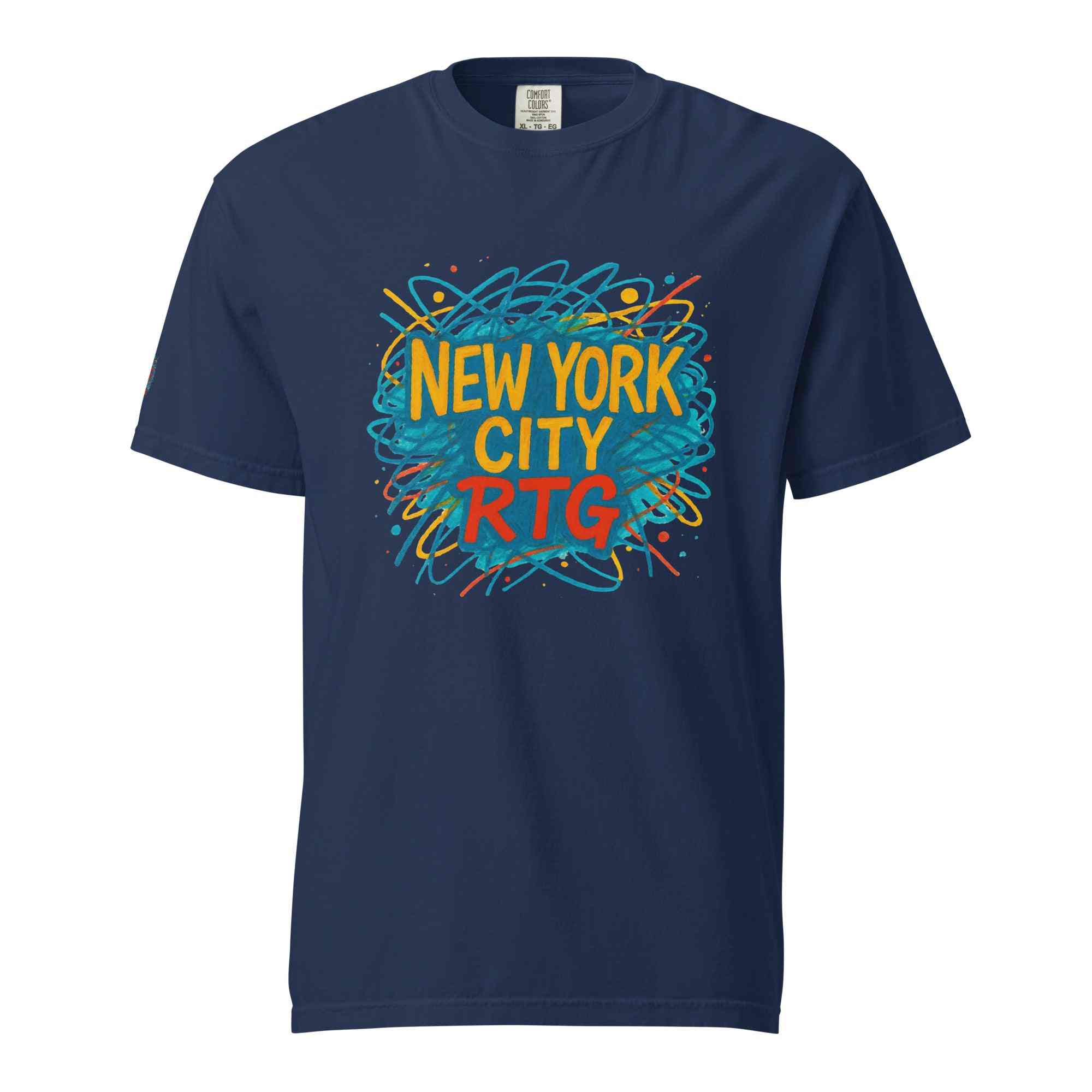 New York City-Unisex heavyweight navy blue t-shirt with colorful graphic design, made of 100% ring-spun cotton, relaxed fit, breathable and durable.