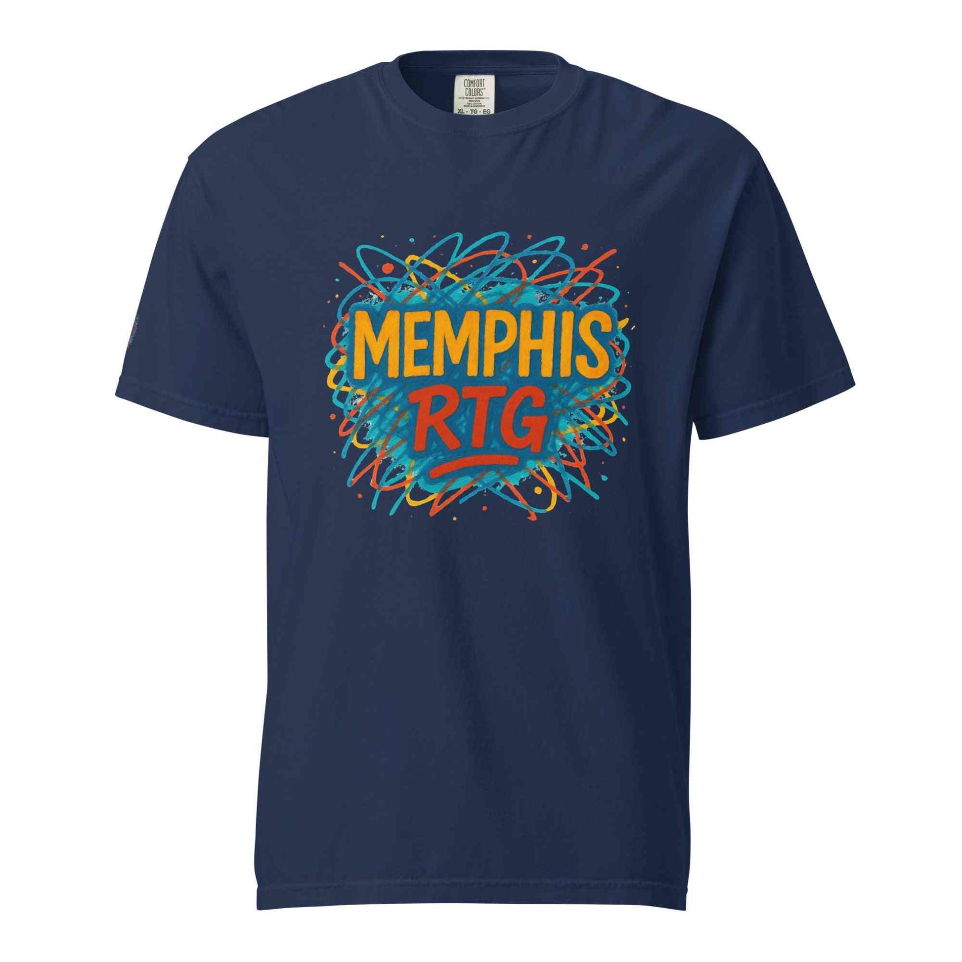 Unisex garment-dyed heavyweight navy blue t-shirt with colorful Memphis RTG graphic design