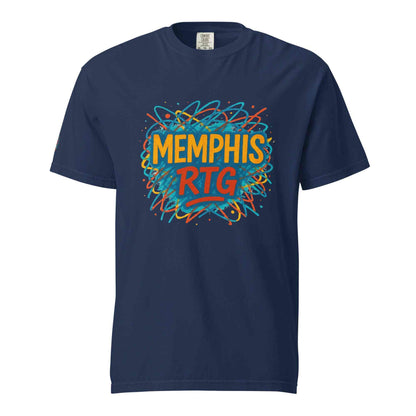 Unisex garment-dyed heavyweight navy blue t-shirt with colorful Memphis RTG graphic design