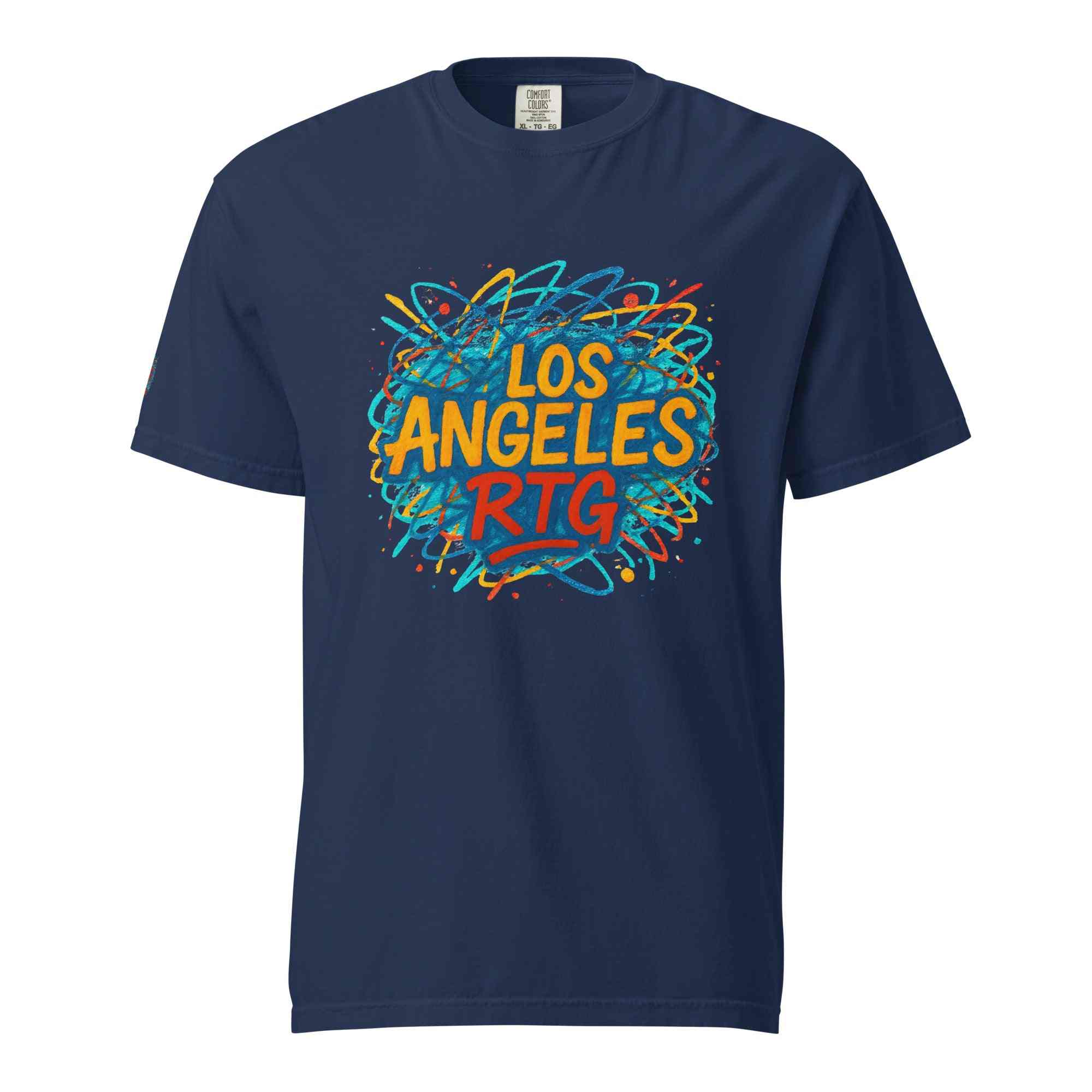 Los Angeles-Unisex garment-dyed heavyweight navy blue t-shirt with colorful graphic print